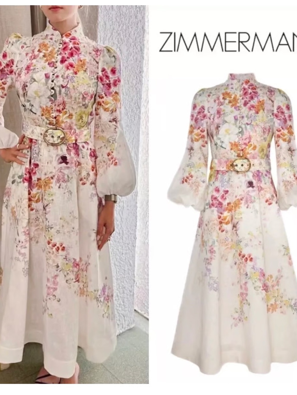 Zimmermann Floral-Print White Maxi Dress with Statement Belt - Like new